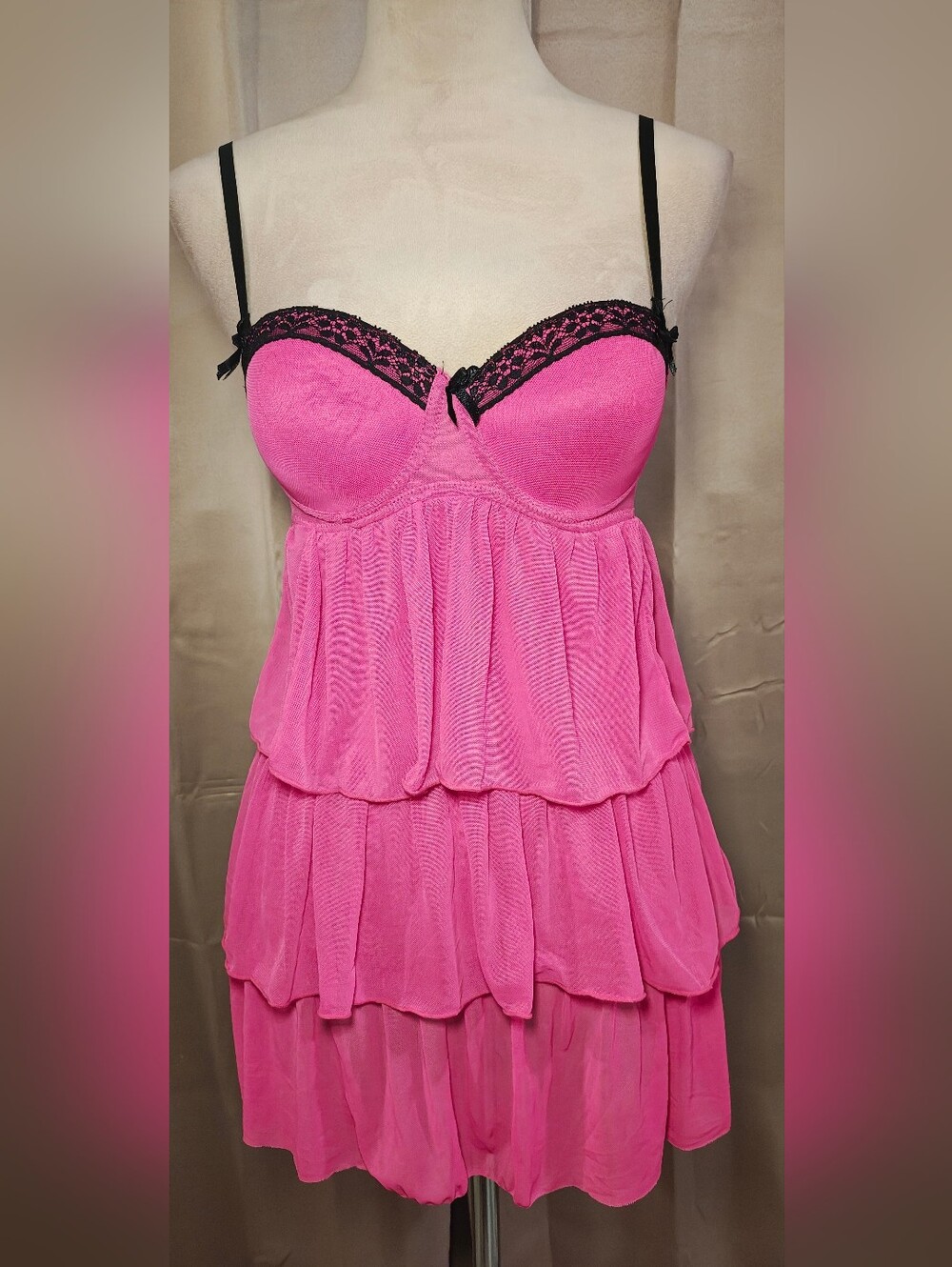 Y2K Jezebel Pink & Black Mesh Babydoll Lingerie Slip Dress w Ruffled Tiers.